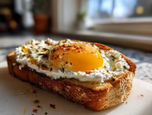 A close-up, sunlit photo of creamy egg toast featuring a perfectly cooked fried egg with a bright yellow yolk over white cheese spread on thick, toasted bread.