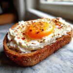 Close-up of creamy egg toast featuring a bright, runny egg yolk atop whipped cheese and chili flakes on toasted bread.