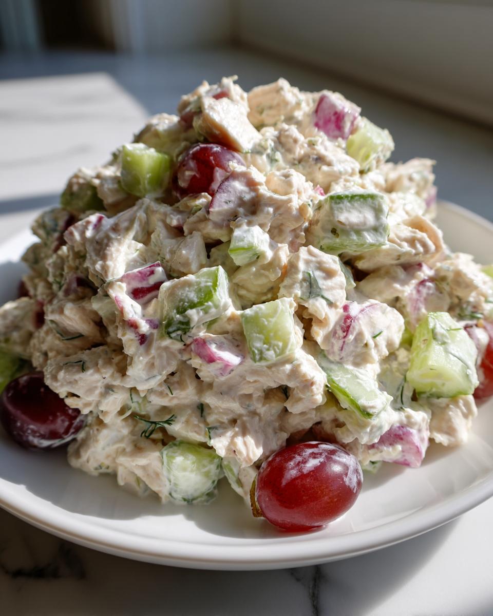 A mound of creamy greek yogurt chicken salad mixed with chunks of cucumber, red onion, and whole red grapes, served on a white plate.