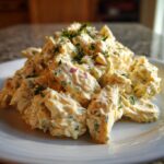 Close-up of a generous serving of creamy honey mustard chicken salad, topped with fresh parsley.