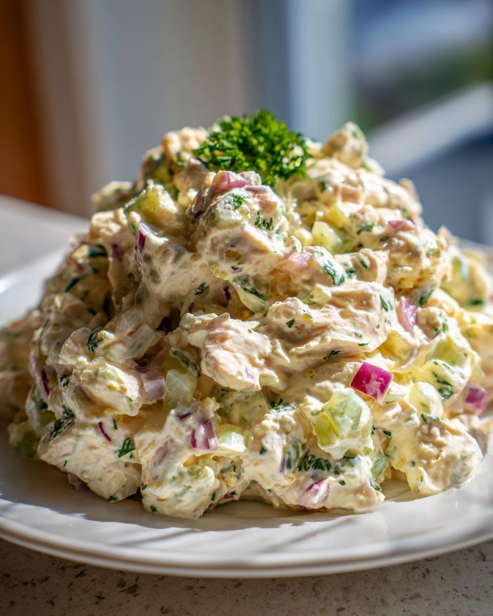 A generous mound of creamy honey mustard chicken salad featuring chunks of chicken, red onion, and celery, topped with fresh parsley.