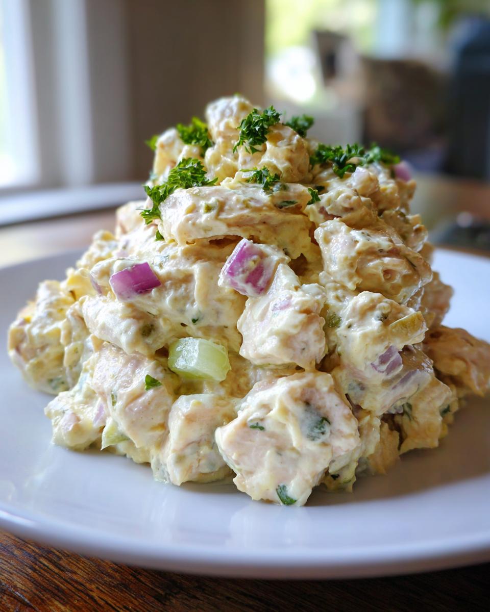 A close-up of a generous serving of creamy honey mustard chicken salad, topped with fresh parsley.