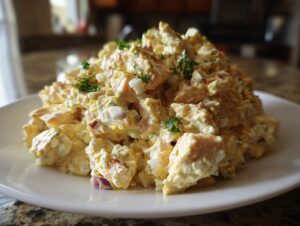 A generous mound of creamy honey mustard chicken salad mixed with eggs and red onion, garnished with parsley.