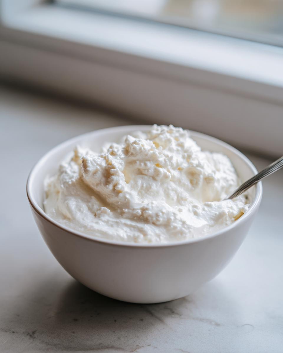A white bowl filled with a thick, white, textured ingredient likely used for creamy horseradish sauce, resting on a marble surface.