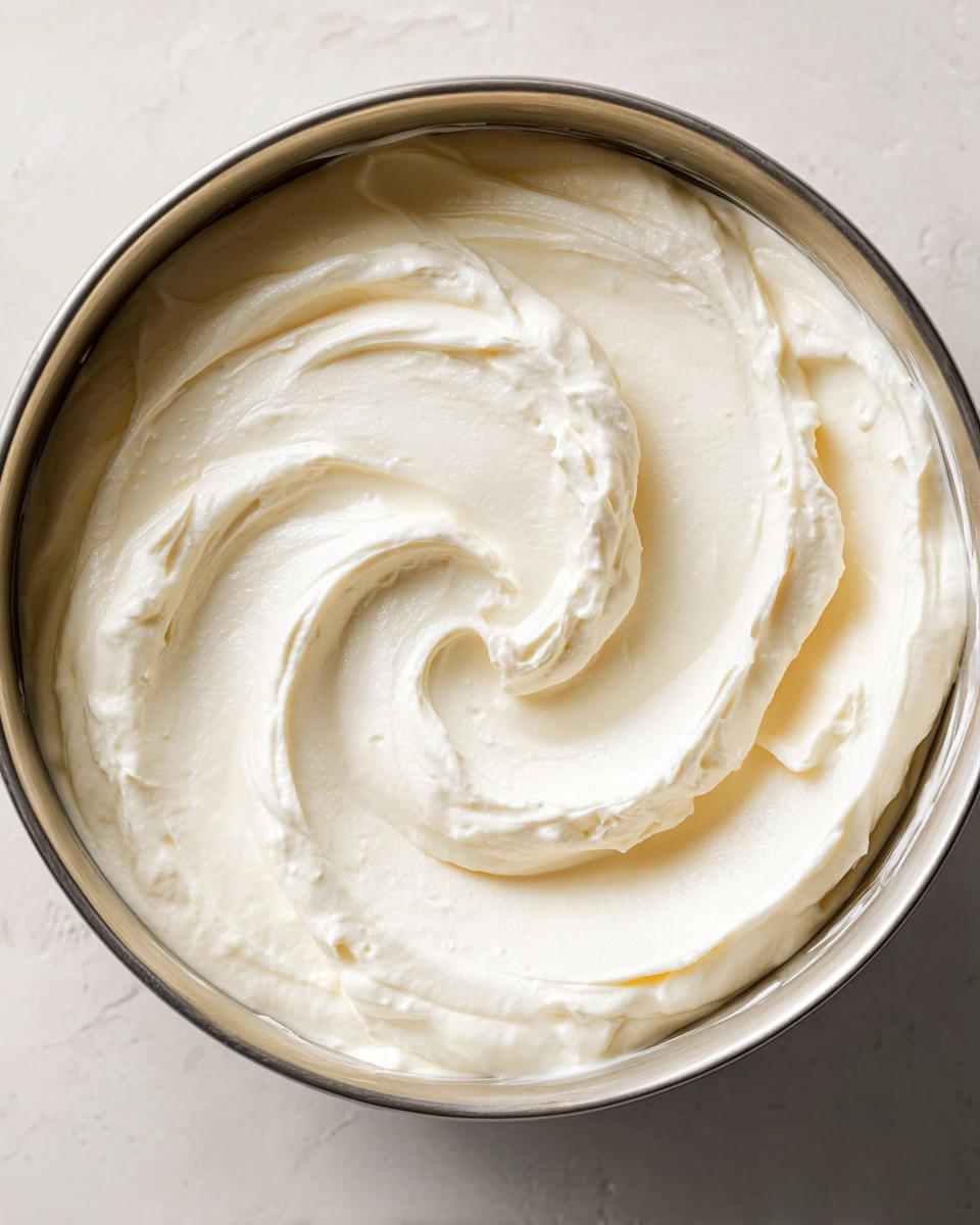 Overhead view of freshly mixed, creamy white horseradish sauce with a decorative swirl in a stainless steel bowl.