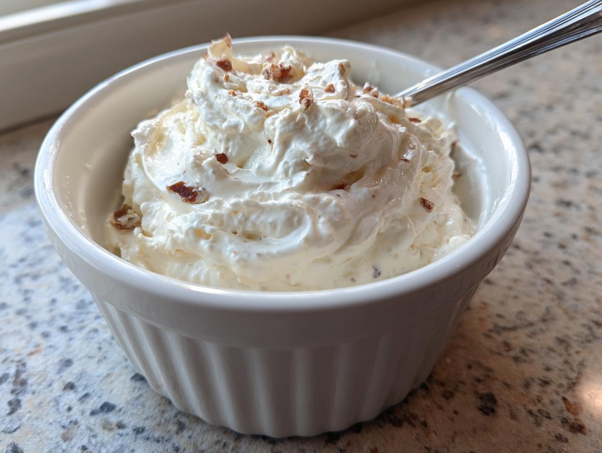 A white ramekin filled with fluffy, whipped creamy horseradish sauce, topped with small brown specks, with a spoon resting inside.