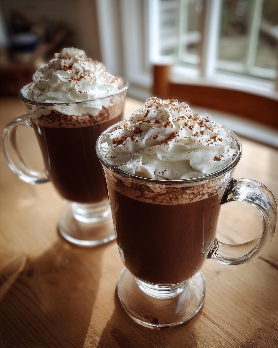 Two clear glass mugs filled with rich, creamy hot chocolate, topped high with whipped cream and a dusting of cinnamon.