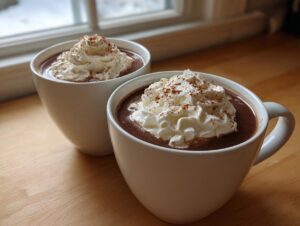 Two white mugs filled with rich, creamy hot chocolate topped generously with whipped cream and a dusting of cocoa powder.