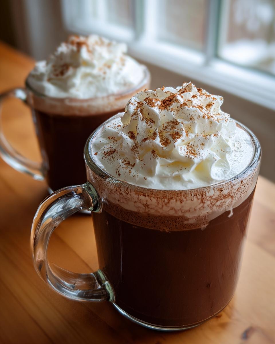 Two clear glass mugs filled with rich, creamy hot chocolate, topped with whipped cream and a dusting of cinnamon.