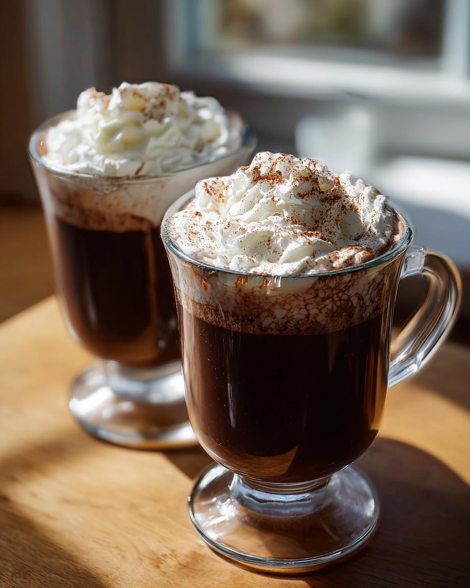 Two clear glass mugs filled with rich, dark hot chocolate topped generously with whipped cream and a dusting of cocoa powder.