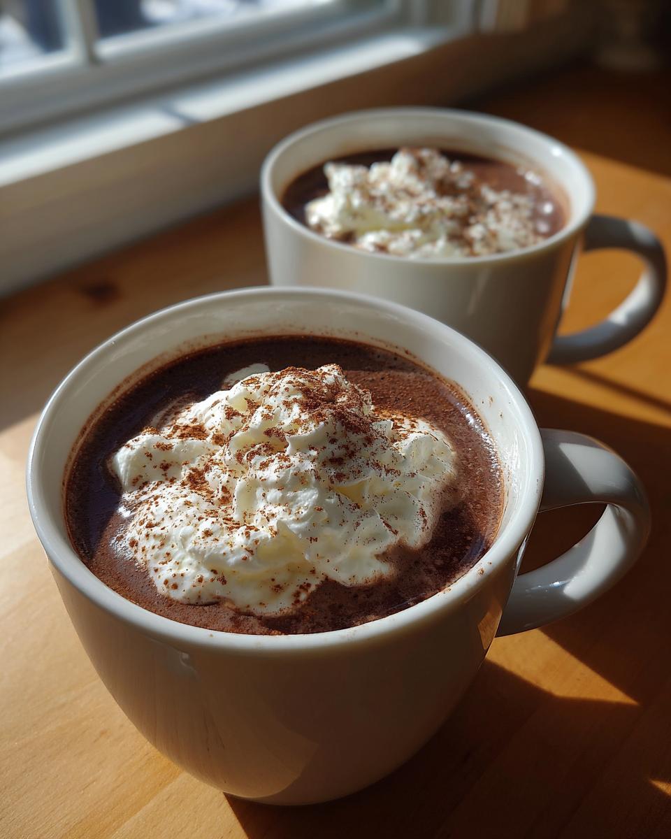 Two white mugs filled with rich, creamy hot chocolate topped with whipped cream and dusted with cocoa powder.