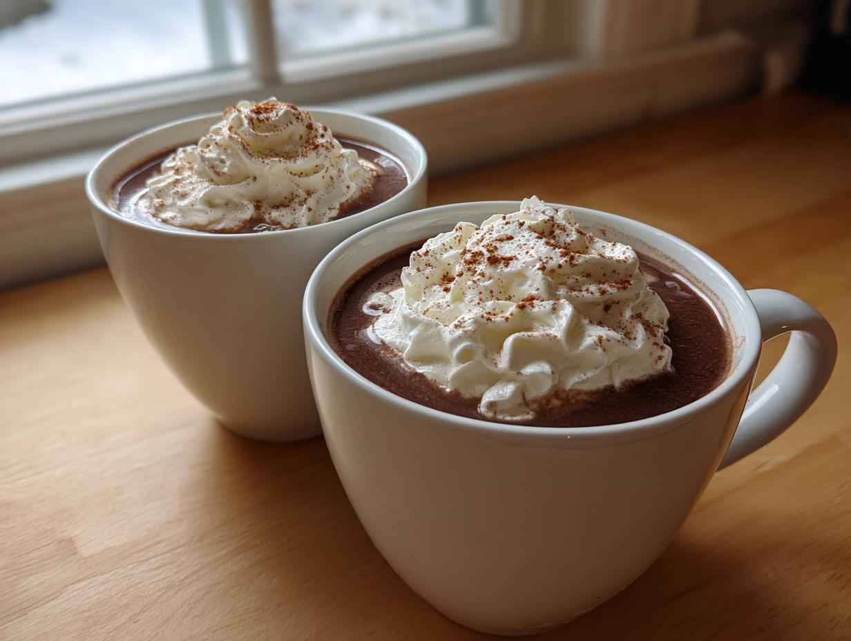 Two white mugs filled with rich, creamy hot chocolate topped generously with whipped cream and a dusting of cocoa powder.