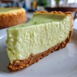 A close-up of a thick slice of creamy key lime cheesecake with a graham cracker crust, topped with lime zest.