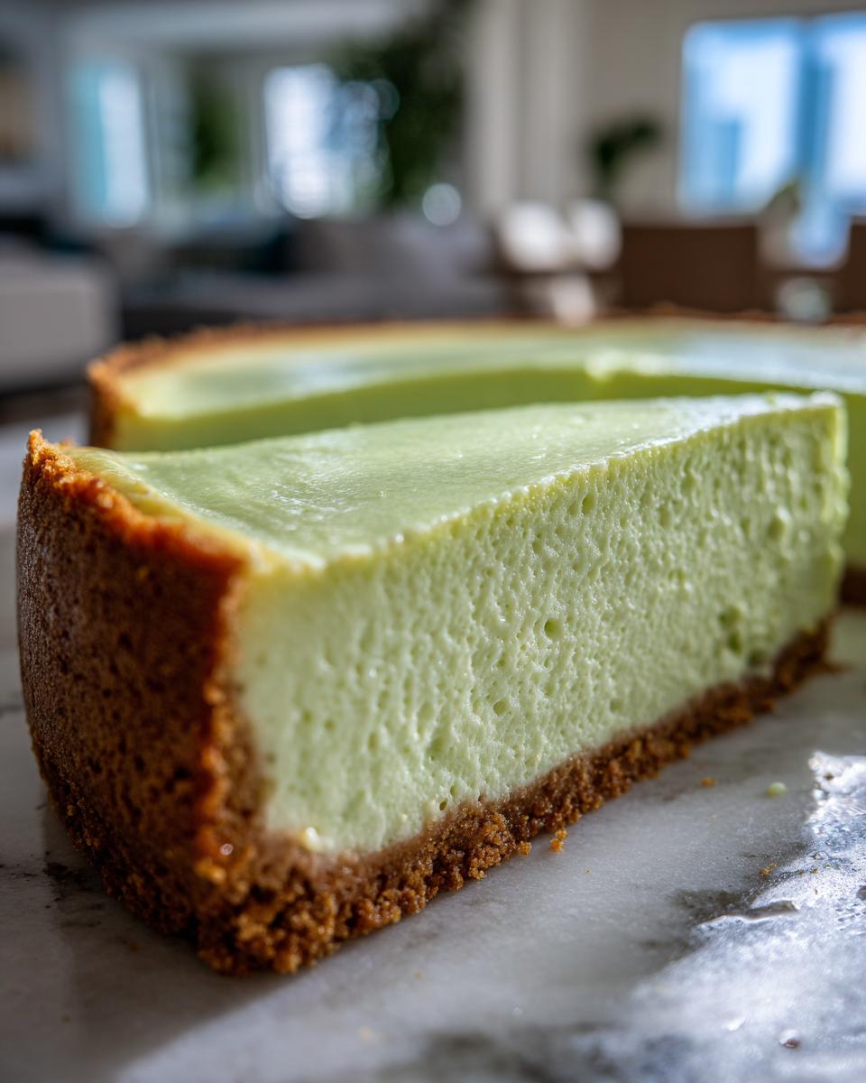 Close-up of a thick slice of vibrant green key lime cheesecake with a graham cracker crust.