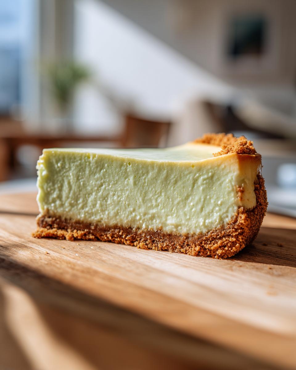 Close-up of a thick, creamy slice of key lime cheesecake with a graham cracker crust on a wooden board.