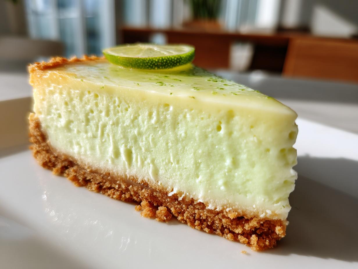A perfect slice of creamy key lime cheesecake with a graham cracker crust, topped with a thin lime glaze and a lime wheel.
