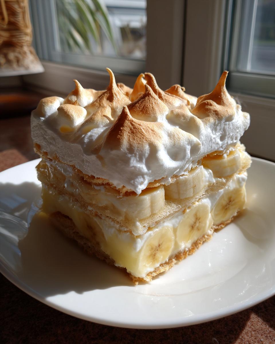 A tall, layered slice of creamy banana pudding topped with perfectly toasted meringue peaks.