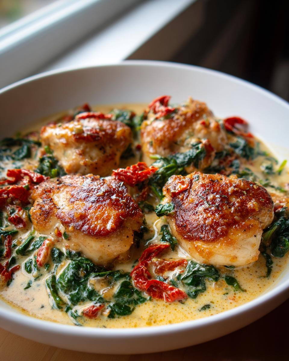 Four golden-brown pieces of marry me chicken served in a rich, creamy sauce with wilted spinach and sun-dried tomatoes.