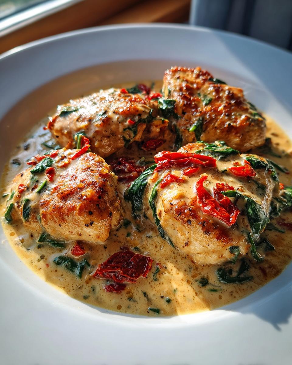 Three golden-brown chicken breasts smothered in a creamy sauce with spinach and sun-dried tomatoes, a perfect Marry Me Chicken dish.