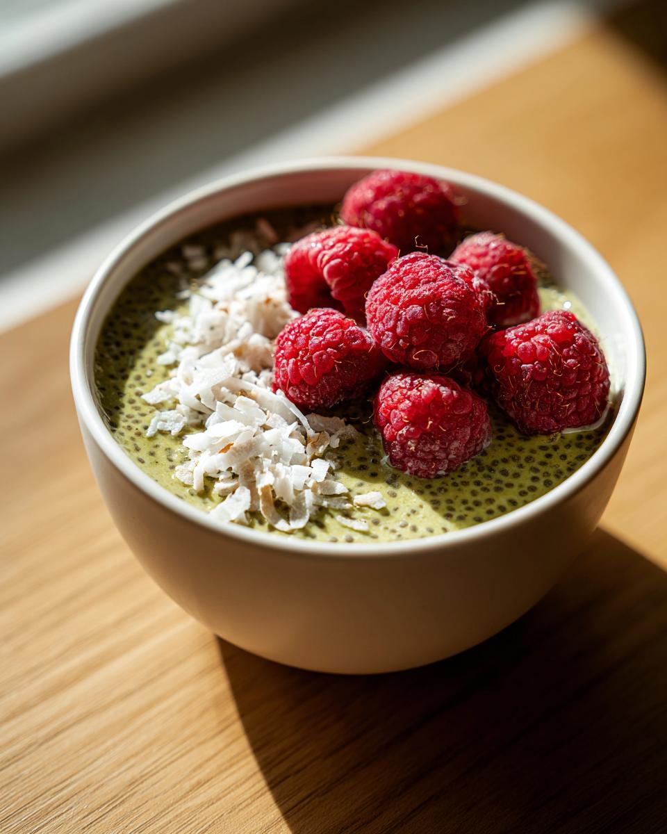 Close-up of creamy matcha chia pudding topped with fresh raspberries and coconut flakes.