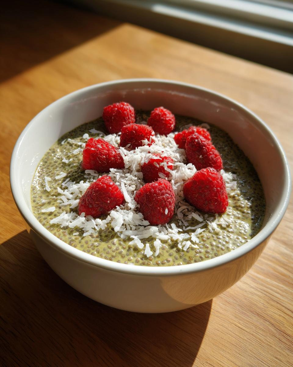 A bowl of creamy matcha chia pudding topped with fresh raspberries and shredded coconut.