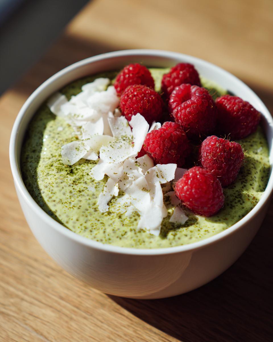 Close-up of creamy matcha chia pudding topped with fresh raspberries and coconut flakes.