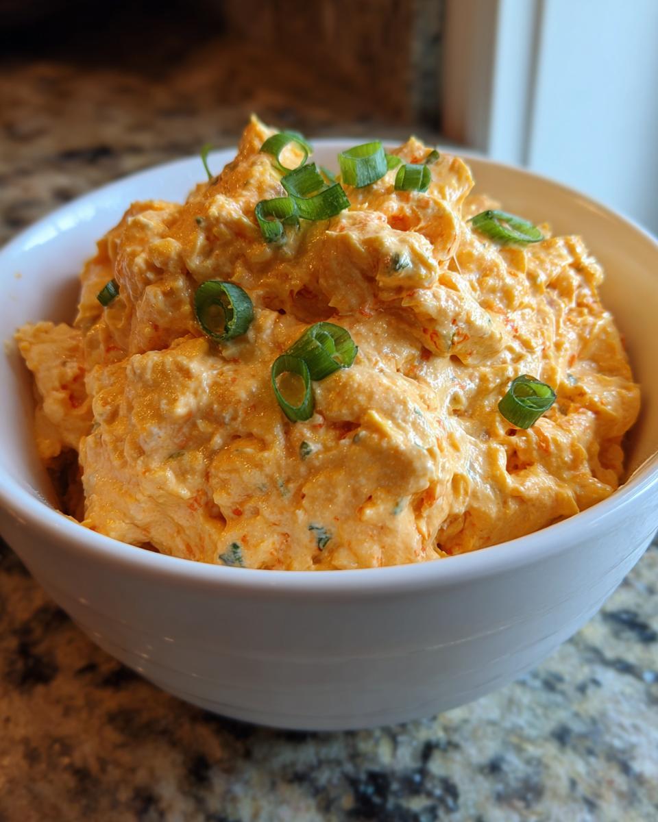 A close-up of creamy, orange-colored boat dip served in a white bowl and garnished with fresh sliced green onions.