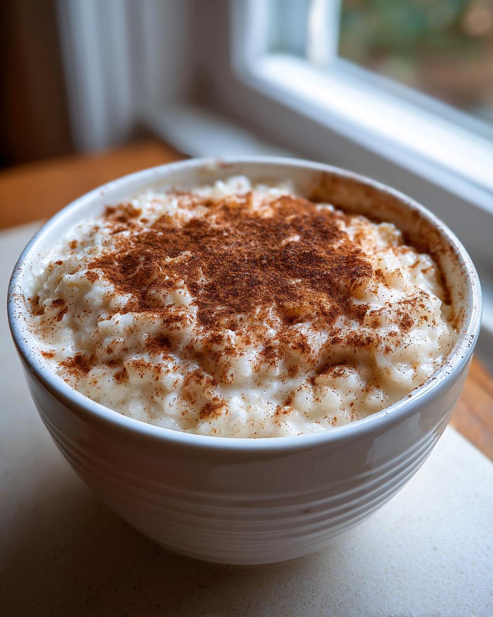 Close-up of creamy rice pudding in a white bowl, generously dusted with cinnamon.