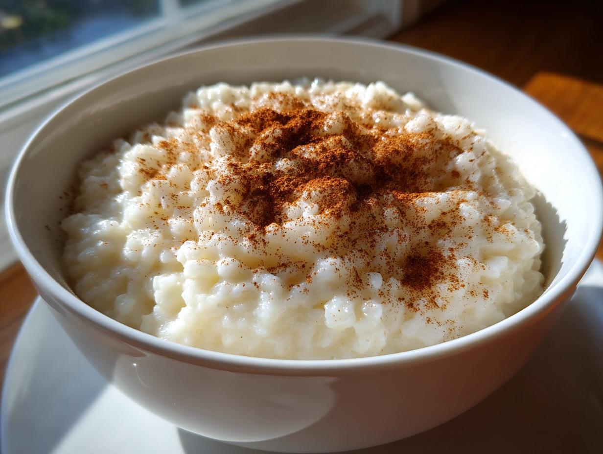 Close-up of a bowl of creamy rice pudding generously sprinkled with ground cinnamon.