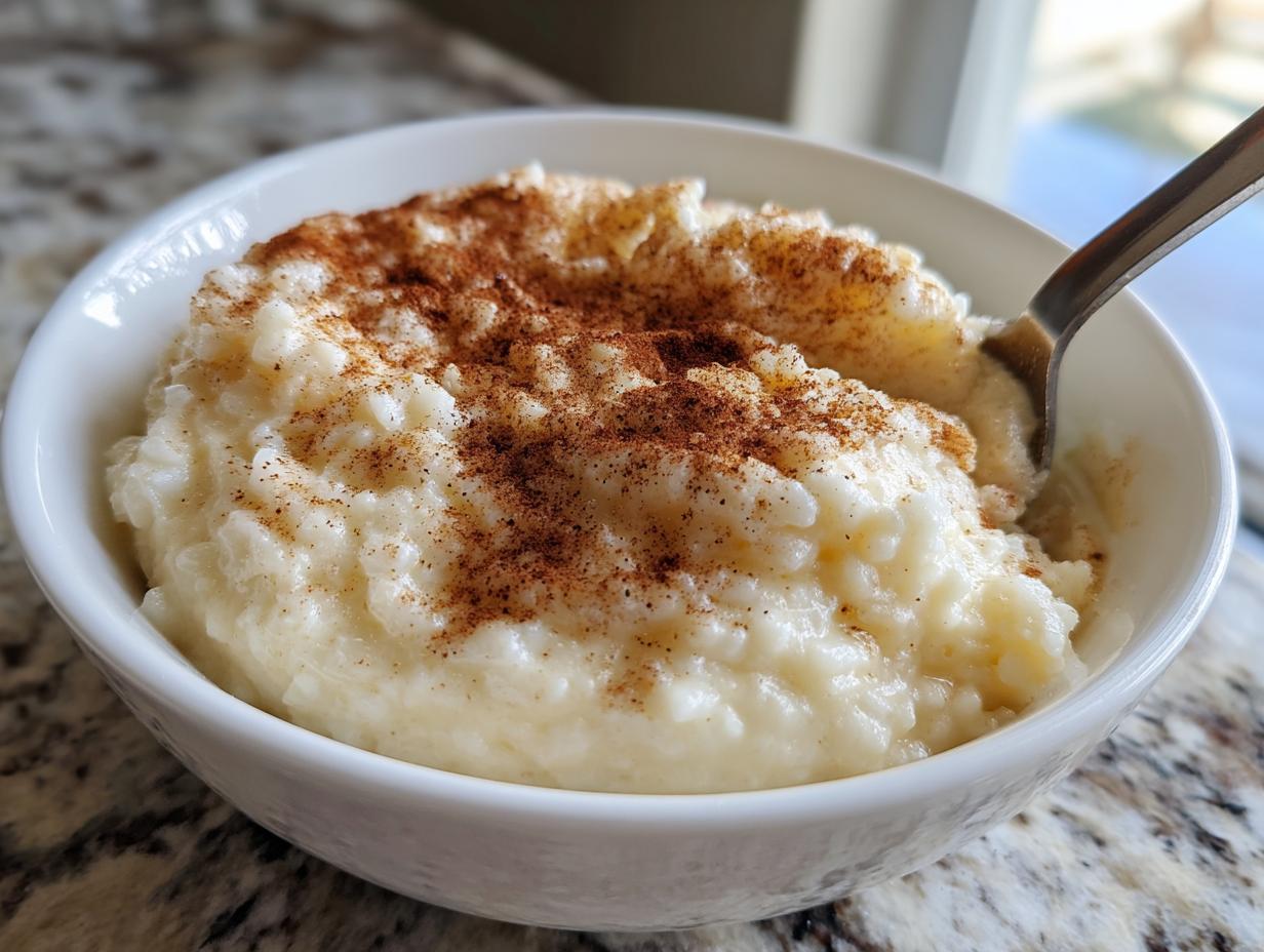 Close-up of a white bowl filled with creamy rice pudding recipe, topped generously with ground cinnamon.