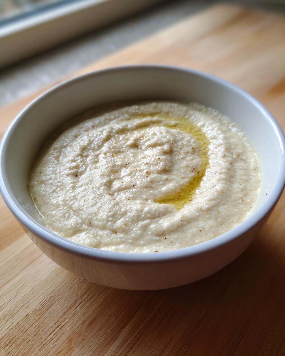 Close-up of a creamy bowl of roasted cauliflower soup, drizzled with olive oil and sprinkled with pepper.