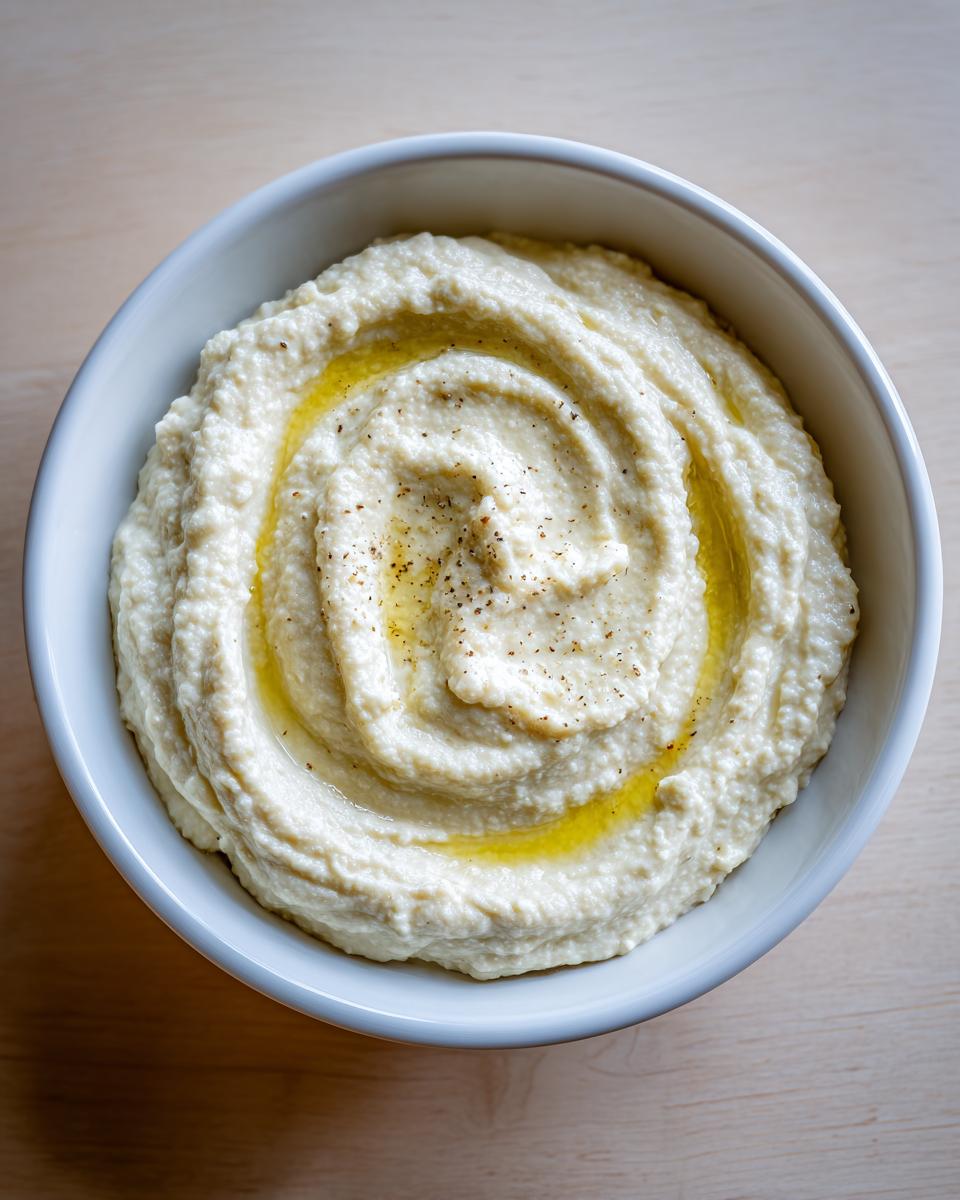 Top-down view of creamy roasted cauliflower soup, swirled and drizzled with olive oil and black pepper.