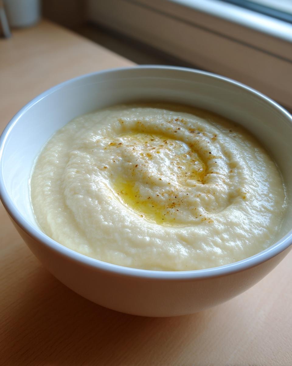 A close-up of creamy roasted cauliflower soup, swirled and topped with olive oil and spices in a white bowl.