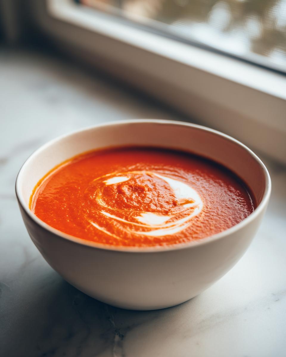 Close-up of a bowl of vibrant roasted tomato soup, garnished with a swirl of cream.
