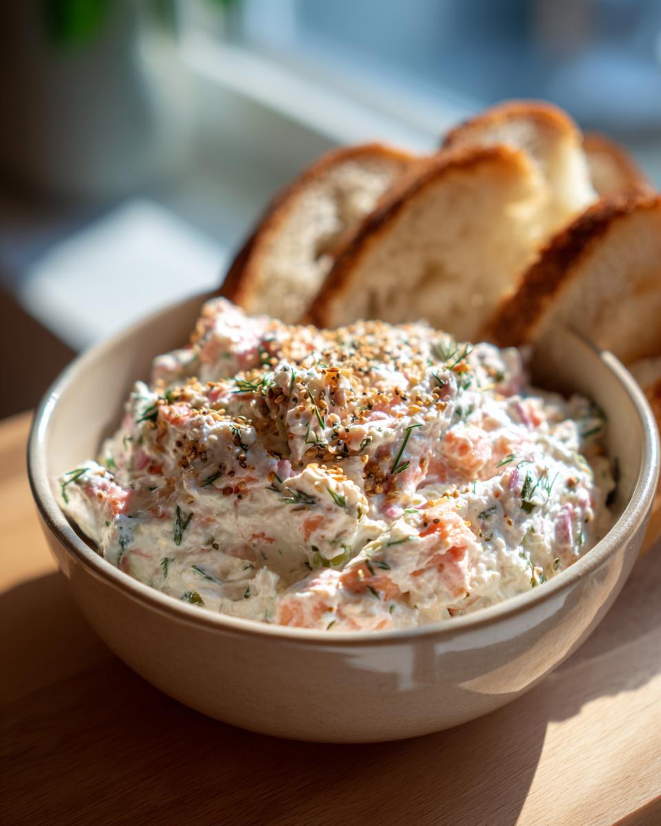 A bowl of creamy smoked salmon dip topped with everything bagel seasoning, served with toasted baguette slices.