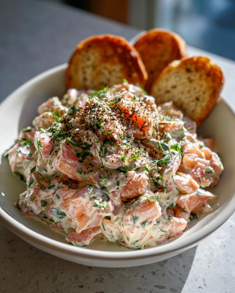 A bowl of creamy smoked salmon dip mixed with fresh dill and topped with everything bagel seasoning, served with toasted bread.