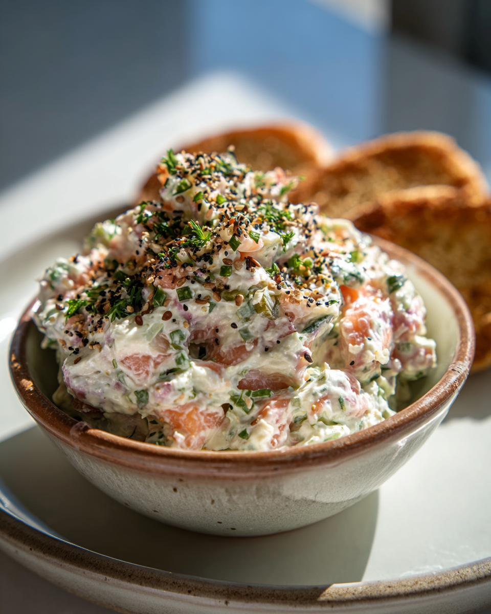 Close-up of creamy smoked salmon dip in a rustic bowl, topped generously with everything bagel seasoning and chives.