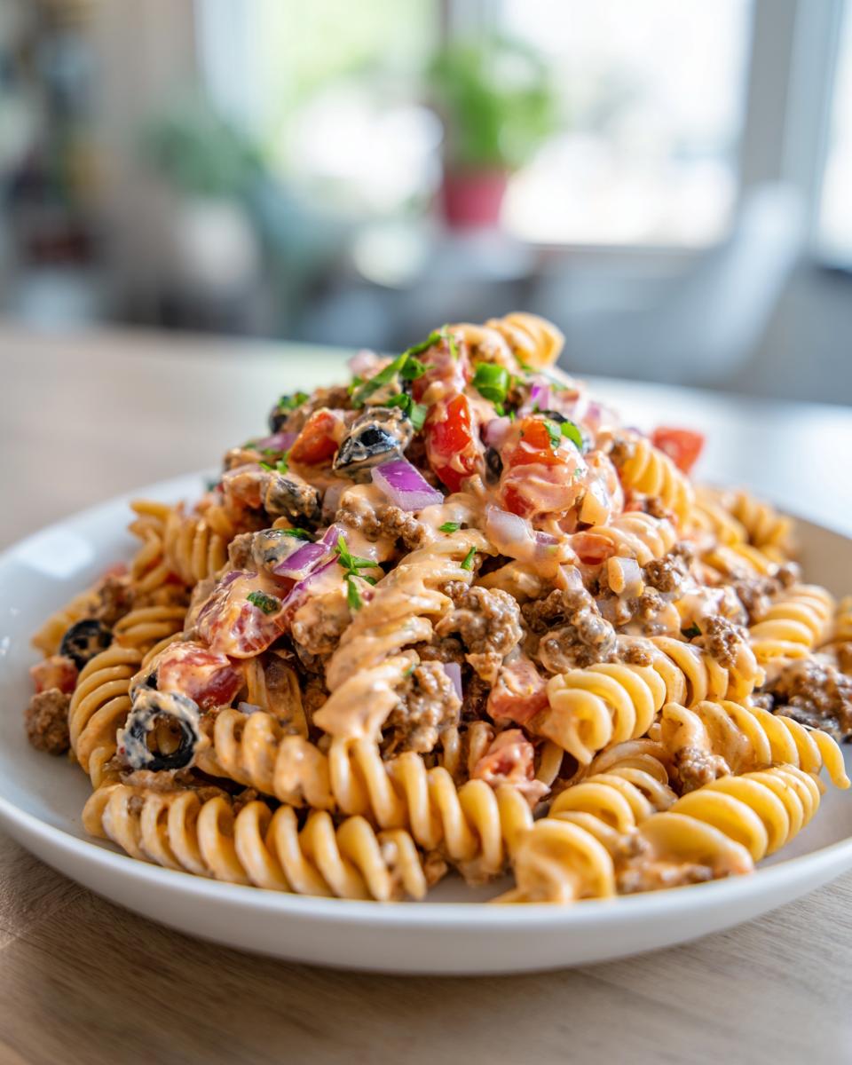 A close-up of a serving of creamy taco pasta salad featuring rotini pasta, seasoned ground beef, tomatoes, red onion, and black olives.