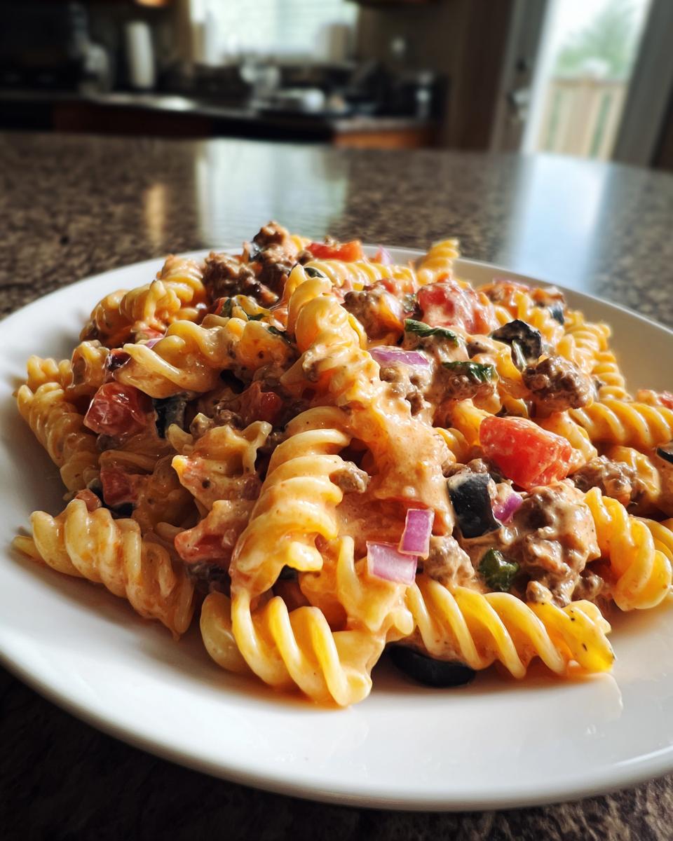 A close-up of creamy taco pasta salad made with rotini pasta, ground meat, tomatoes, and red onion on a white plate.
