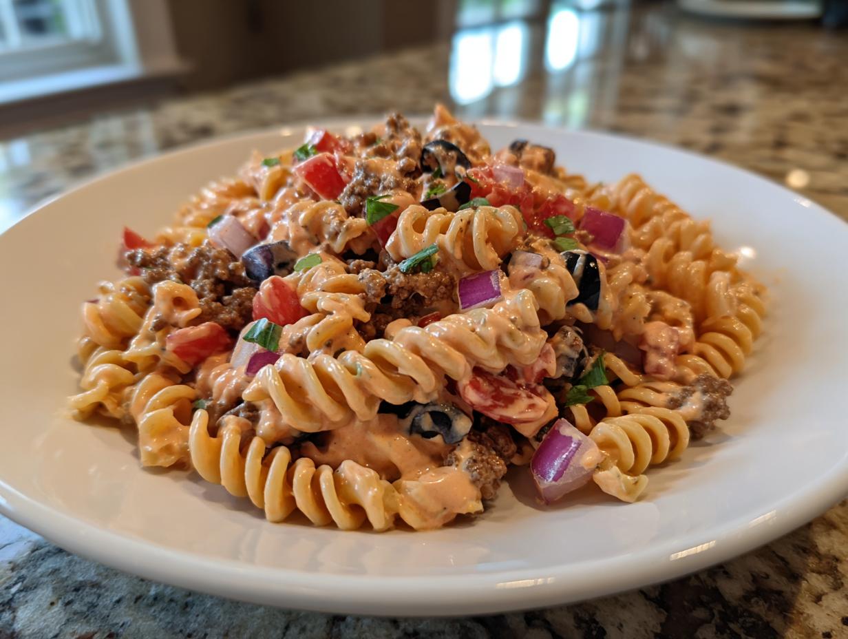 A close-up of a creamy taco pasta salad featuring rotini pasta, seasoned ground beef, diced tomatoes, red onion, and black olives.