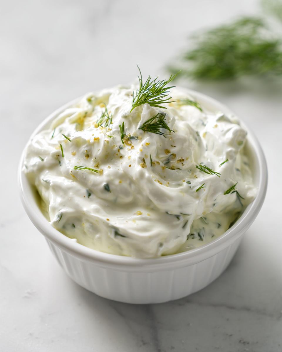 Close-up of creamy, white homemade tartar sauce garnished with fresh dill in a small white bowl.