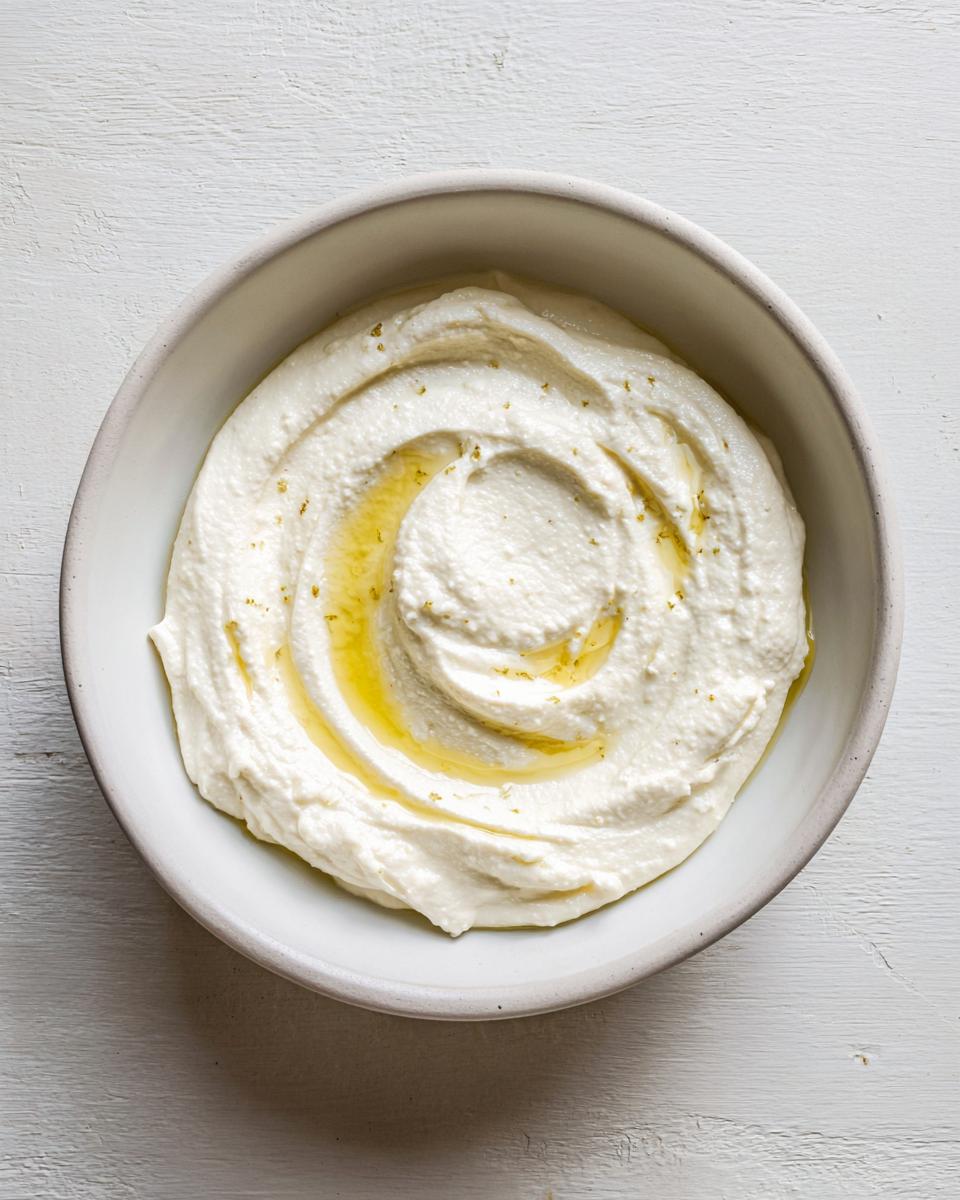 A bowl of creamy white topping, likely yogurt or cheese, swirled with olive oil, used with roasted cauliflower soup.