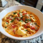 Close-up of a white bowl filled with creamy tortellini soup, diced tomatoes, and fresh parsley garnish.