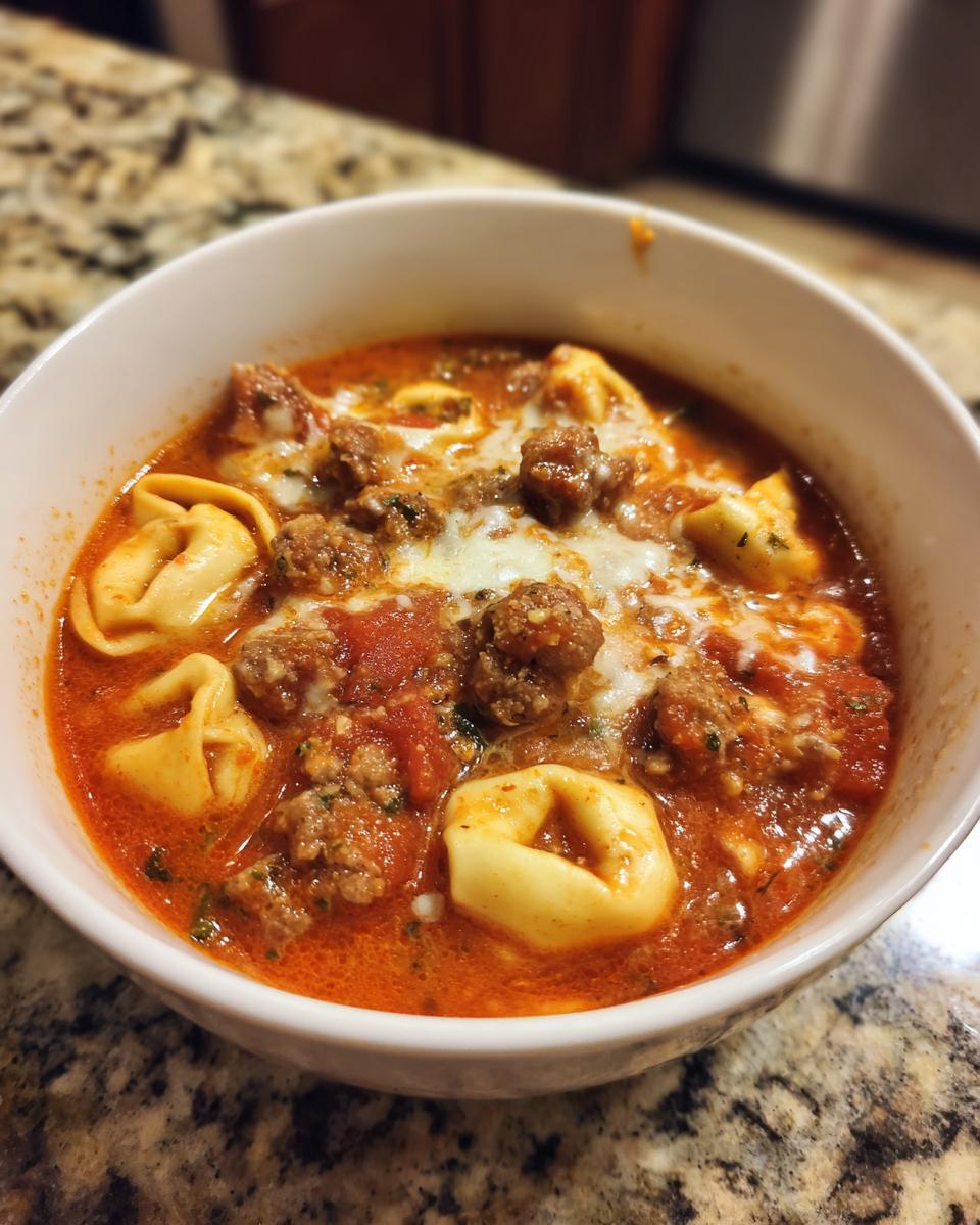 Close-up of a white bowl filled with creamy tortellini soup, featuring sausage, tomato broth, and melted cheese.