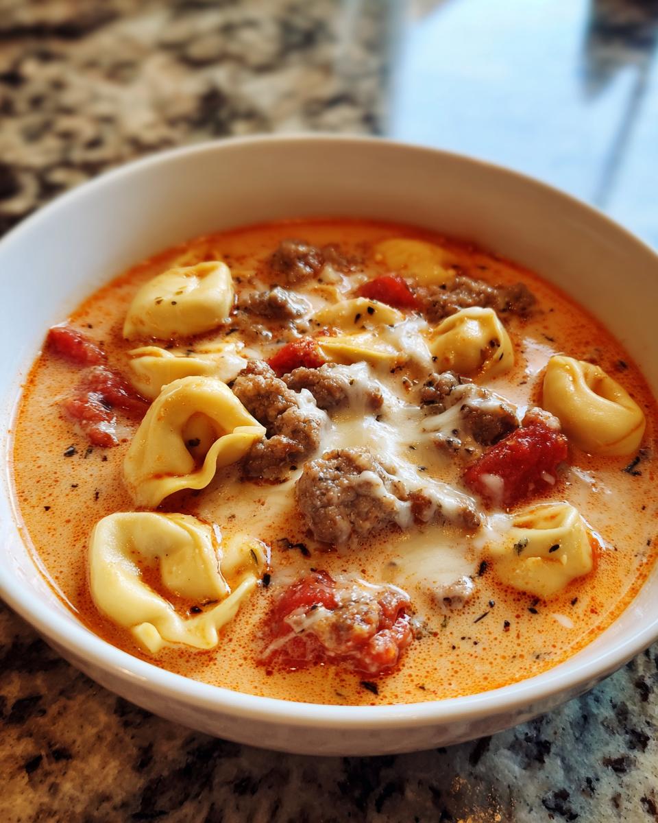 A close-up of a white bowl filled with creamy tortellini soup, featuring cheese tortellini, crumbled sausage, and diced tomatoes.