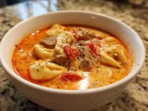 A close-up of a white bowl filled with creamy tortellini soup, featuring pasta, sausage, and tomatoes.