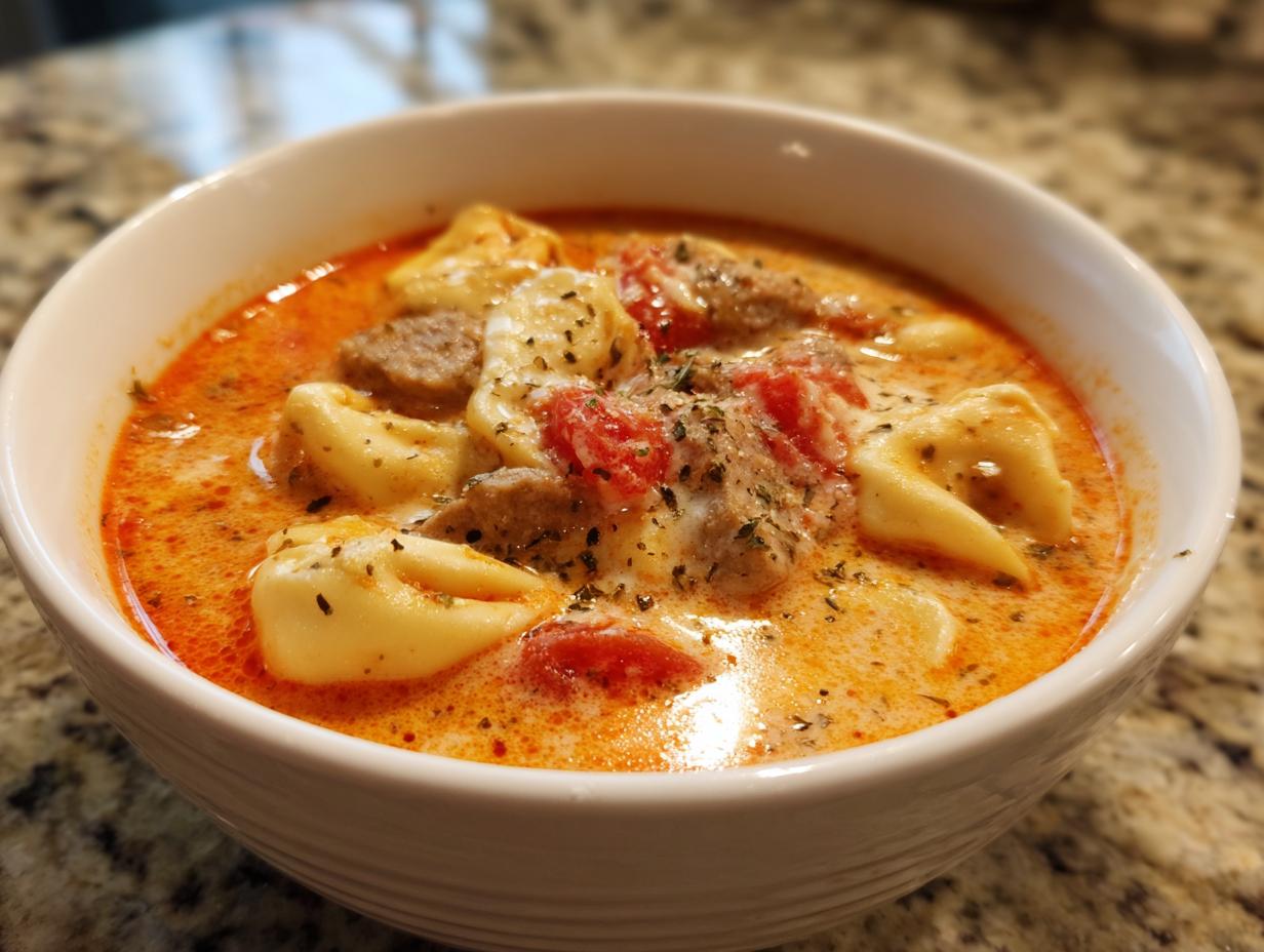 A close-up of a white bowl filled with creamy tortellini soup, featuring pasta, sausage, and tomatoes.