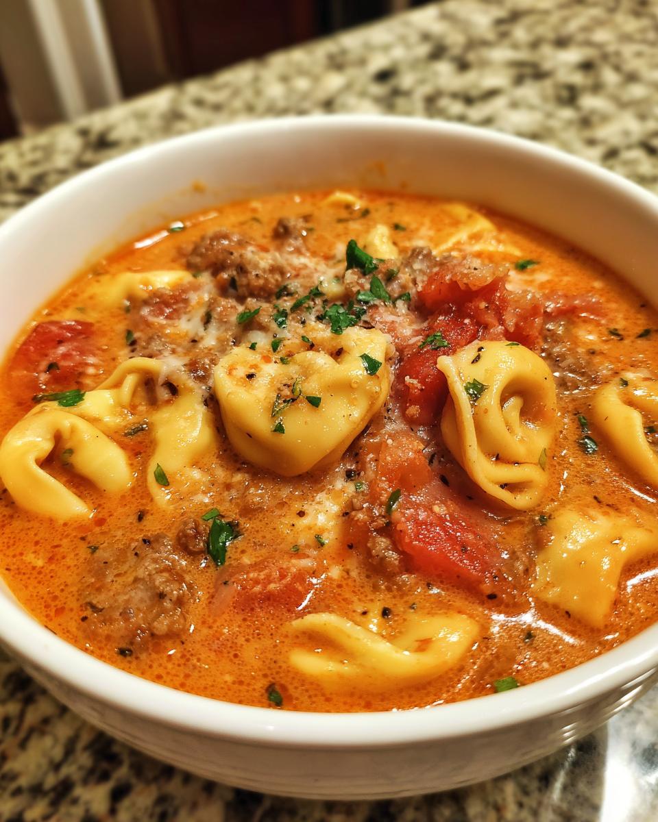 A close-up view of a hearty bowl of creamy tortellini soup, featuring cheese tortellini, ground meat, and diced tomatoes.