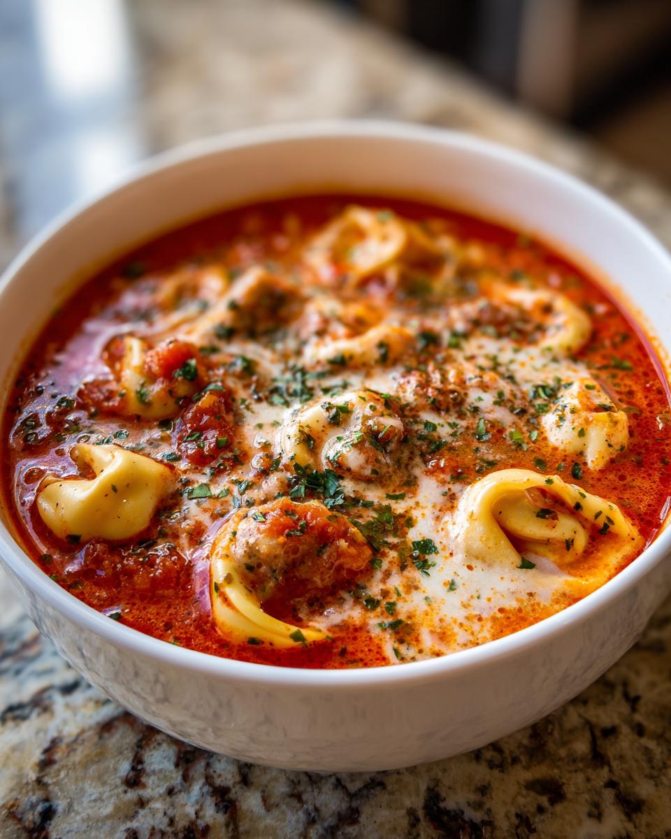 A close-up shot of a white bowl filled with rich, creamy tortellini soup, featuring cheese tortellini in a red broth swirled with cream and topped with herbs.
