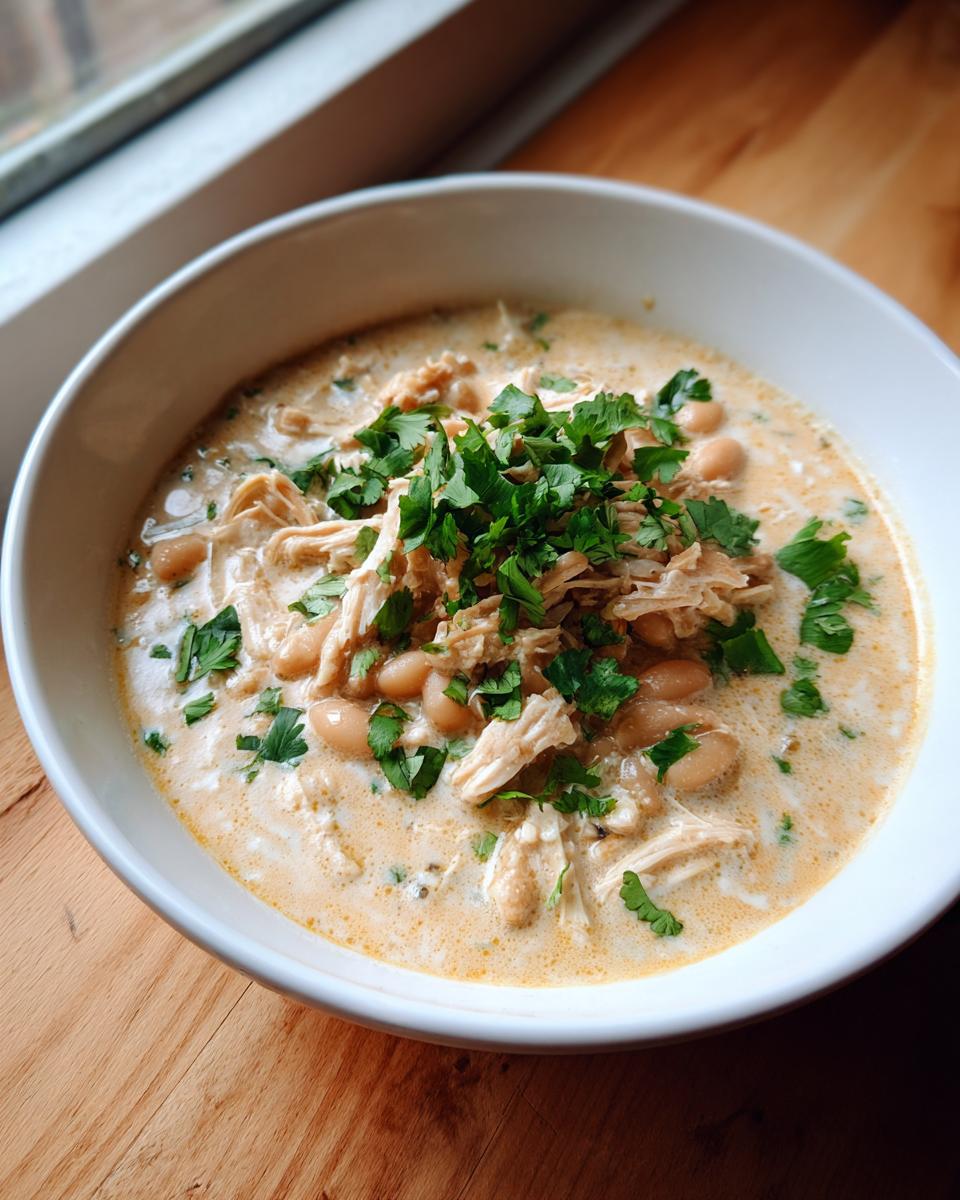 A white bowl filled with creamy white chicken chili, shredded chicken, white beans, and fresh cilantro.